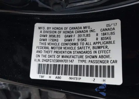 2017 Honda Civic Si from USA, damaged, VIN 2HGFC1E5XHH701147